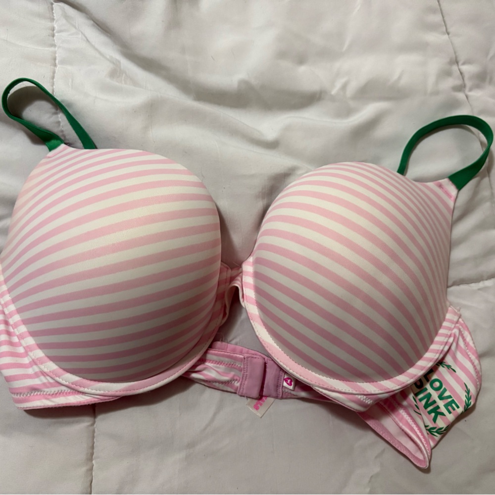 PINK Victoria's Secret Pink Striped Bra with Green Accents